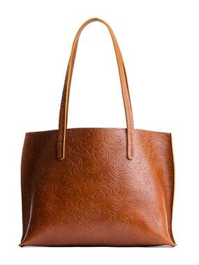 Portland leather company embossed cognac Augusylt leather tote bag Meadow